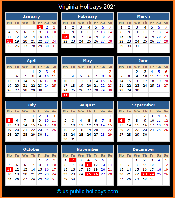 Virginia Holiday Calendar 2021